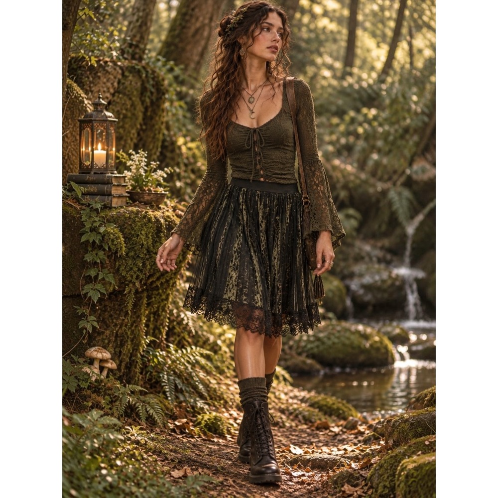 Green Velvet Mesh Midi Skirt M Lace Hem Fairy Grunge Whimsigoth Goblincore Y2K